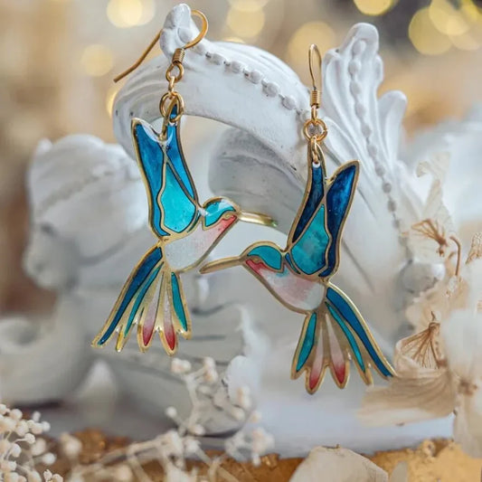 Vintage Blaue Emaille Kolibri Ohrringe