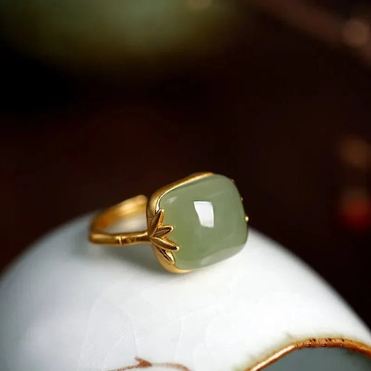 Vintage Gold Grünjade Verstellbarer Ring