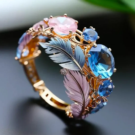 Vintage Exotischer Feder-Kristall-Ring