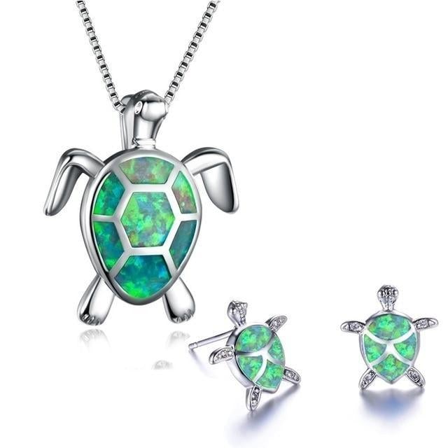 Meeresschildkröten Halsketten- und Ohrring-Set aus Opal und Silber